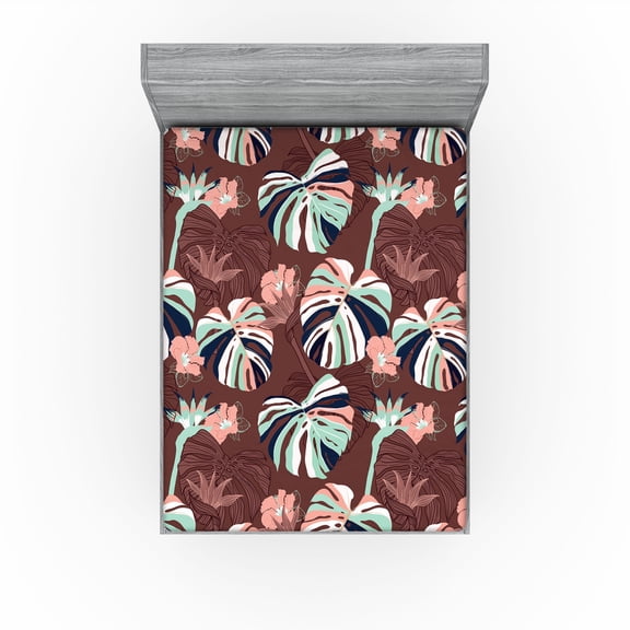 Ambesonne Tropical Fitted Sheet, Simplified Exotic Flora, California King, Pale Salmon Seafoam