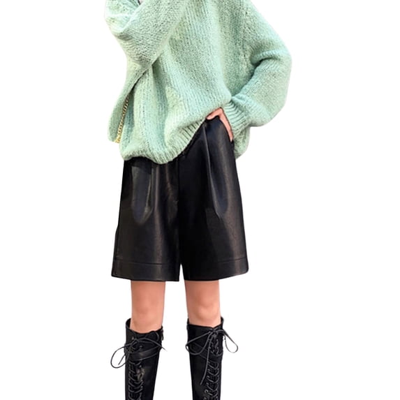 Women High Waist Faux Leather Booty Shorts Wide Leg Loose PU Leather Bermuda Casual Shorts with Pockets
