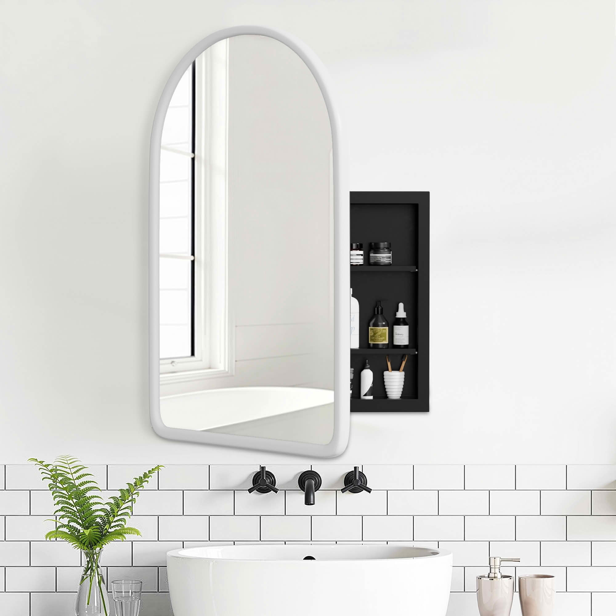 MAYEERTY 36x24x5 Inch White Wood Round Corner Arched Medicine Cabinet for Bathroom