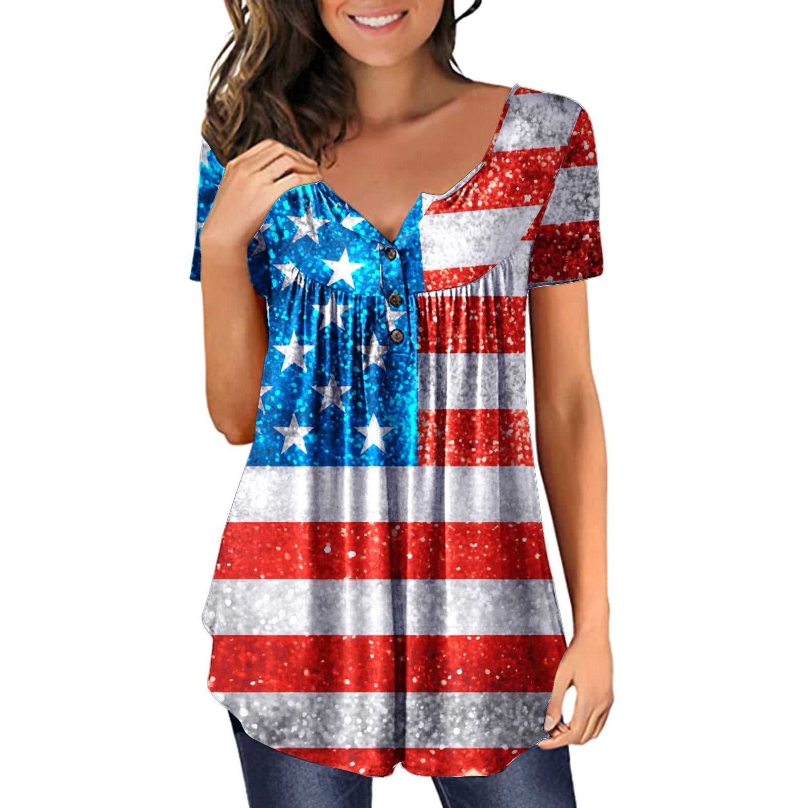 TQWQT Womens Tops American Flag Print Shirts 4th Of July Tunic Tops ...