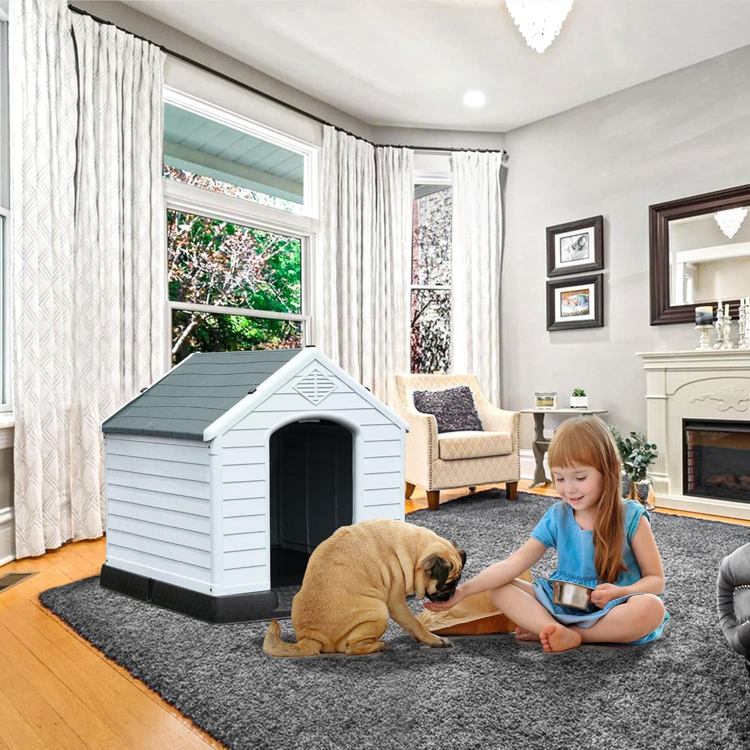 28.5'' Plastic Dog House Outdoor Indoor Doghouse Puppy Shelter Water Resistant Easy Assembly Sturdy Dog Kennel with Air Vents and Elevated Floor (28.5''L*26''W*28''H, Blue)