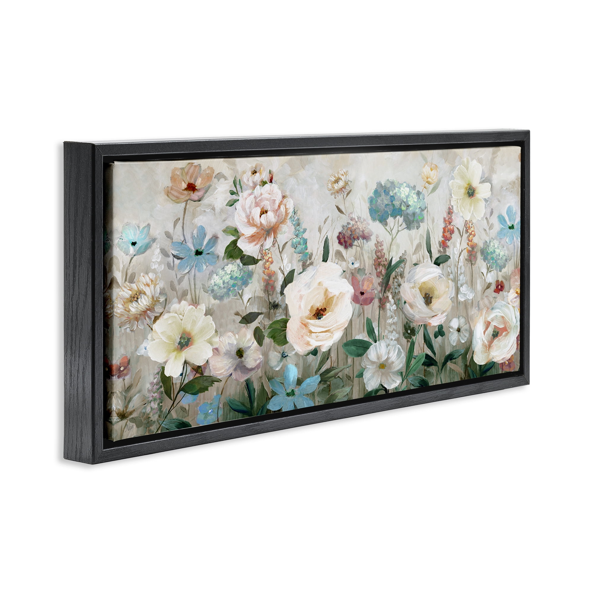 Stupell Industries Pastel Garden of Peonies Black Framed Floater Canvas Wall Art, design by Nan