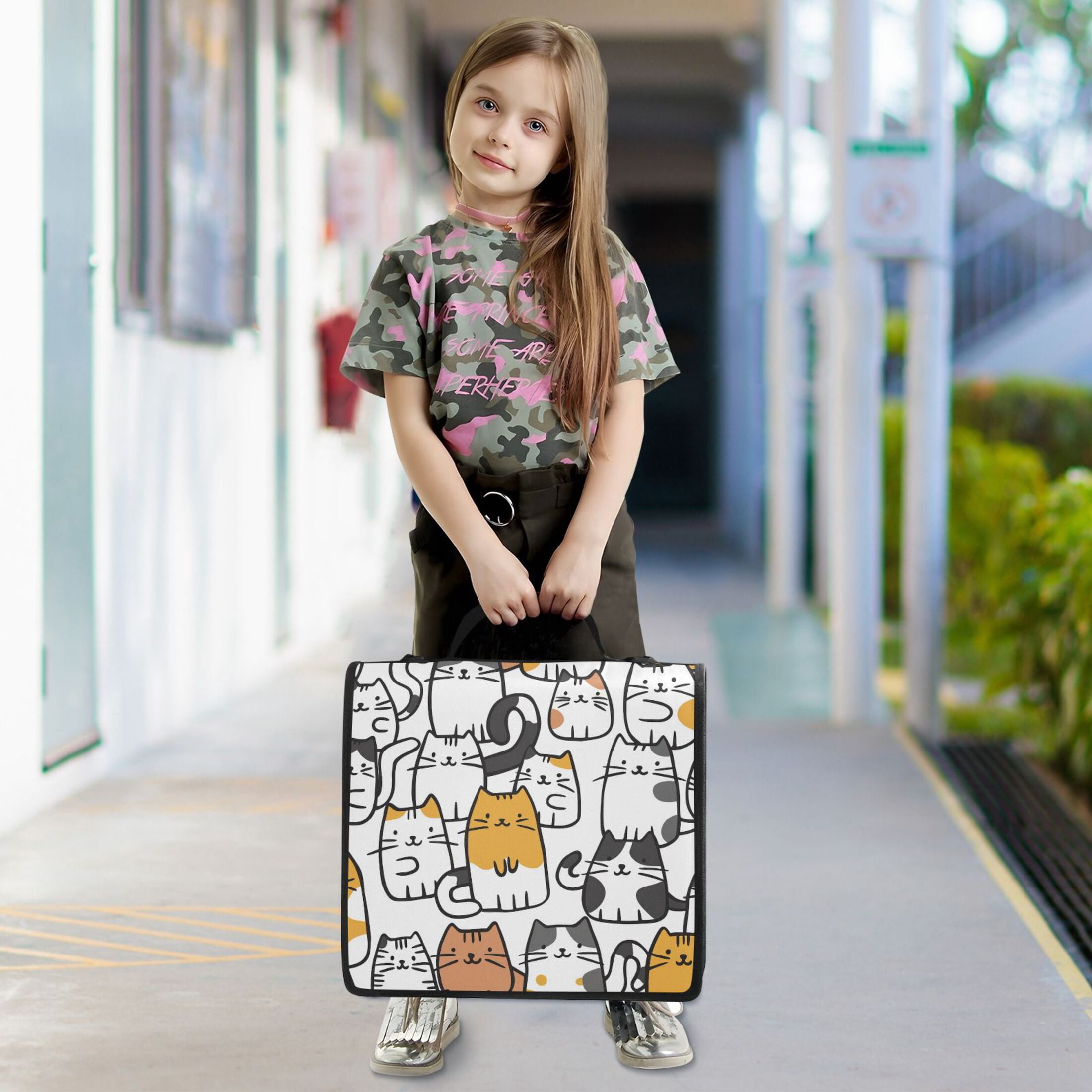 3 Ring Zipper Binder with Shoulder Strap Waterproof Trapper Keeper 2 Inch D-Ring 500 Sheets Capacity Cartoon Line Cats