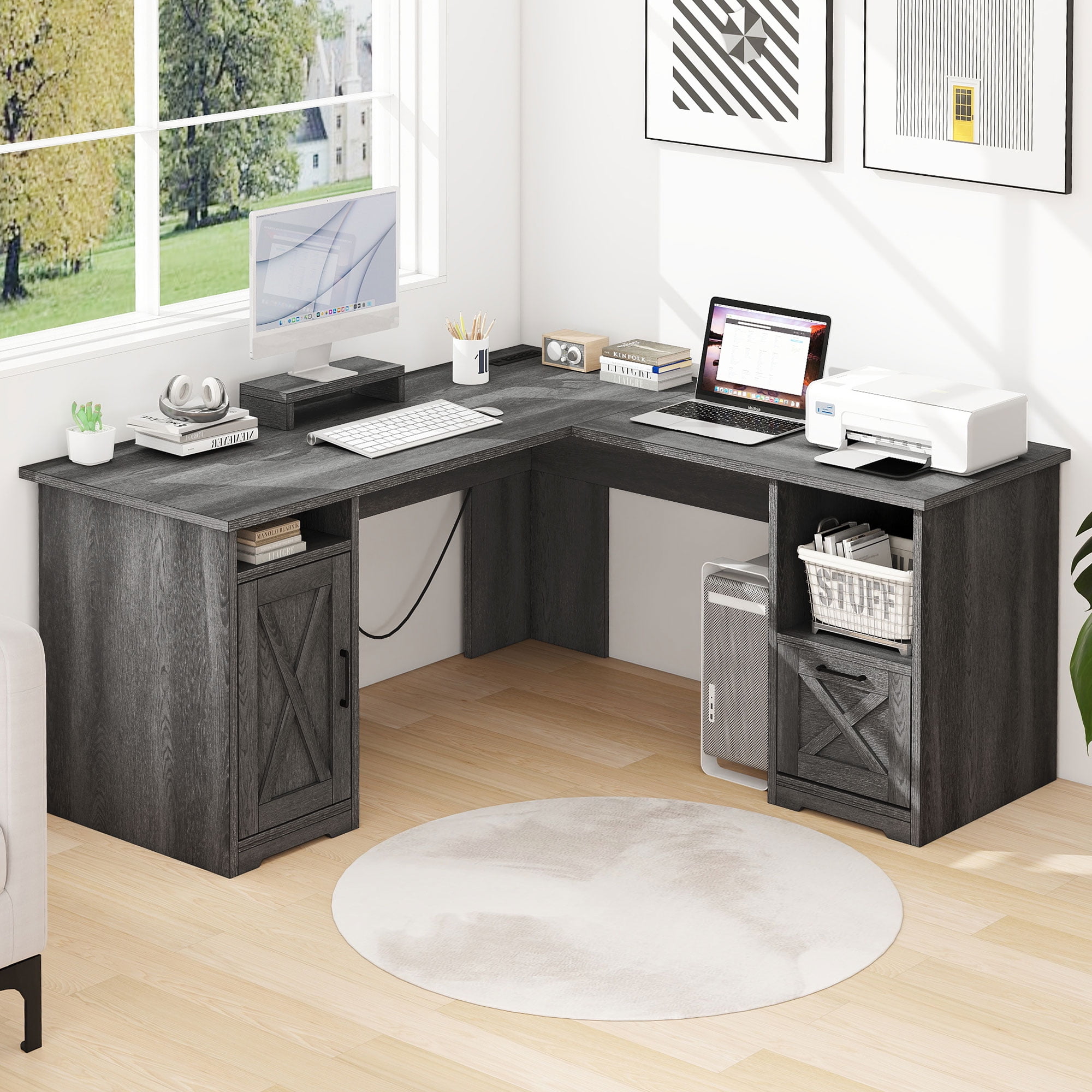 DWVO L Shaped Desk with Drawers, 60" L-Shaped Desk with Power Outlets, Corner Computer Desk , Home Office Desk with Monitor Stand, Grey