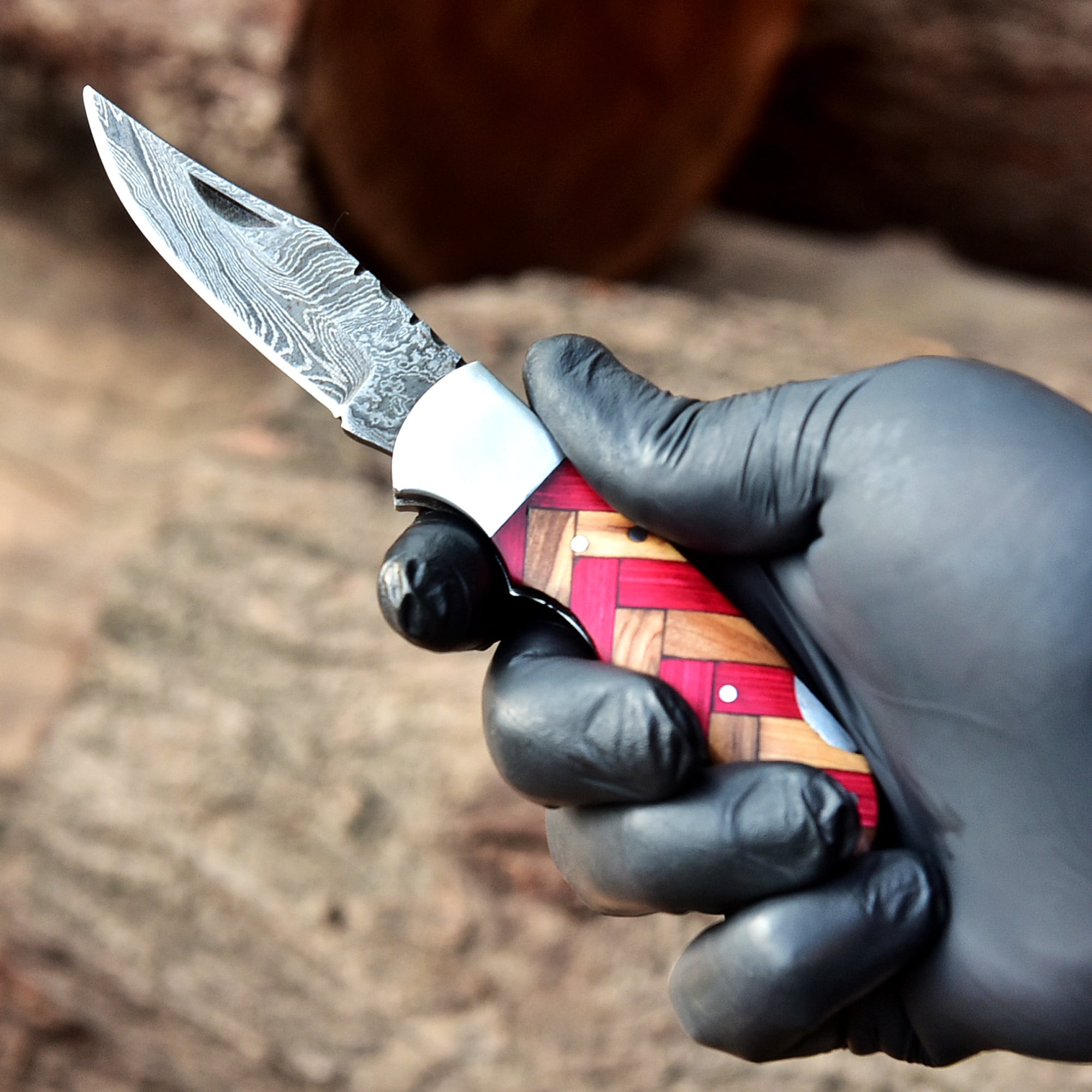 Custom Handmade Damascus Steel Folding Knife/Pocket Knife SS-170481 (Red and Olive  Wood)