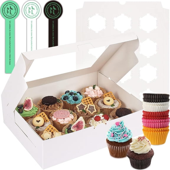 25-Set Cupcake Boxes Hold 12 Standard Cupcakes, Cupcake Containers with Windows and Inserts, Cupcake Carrier, Food Grade Kraft Cupcake Holders - Extra 30 Hand Made Self-Adhesive Labels (White)