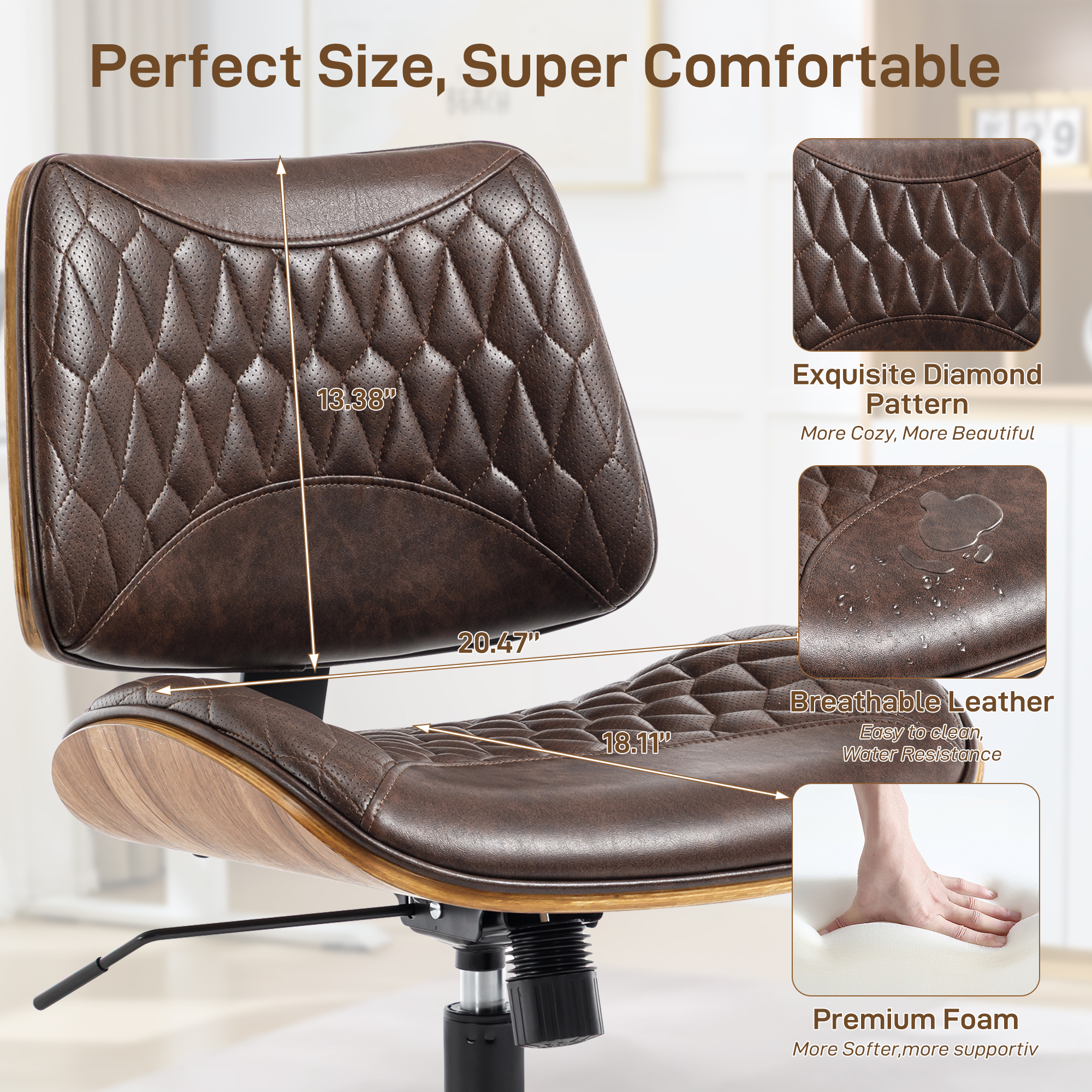 Home Office Desk Chair with Wheels, Armless Breathable PU Leather Office Chair, Swivel Ergonomic Computer Chair for Compact Space, Height-Adjustable Modern Walnut Chair with Rocking Function