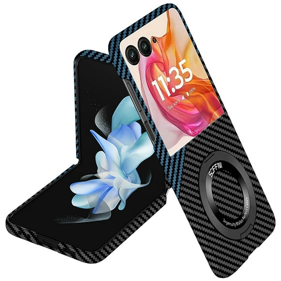 Allytechgroup Shockproof Carbon Fiber Motorola Razr+ Plus 2024 Case Cover with Ring Holder and Kickstand, Magnetic Back Cover Drop Protective Phone Case for Moto Razr+ Plus 2024, Blackblue