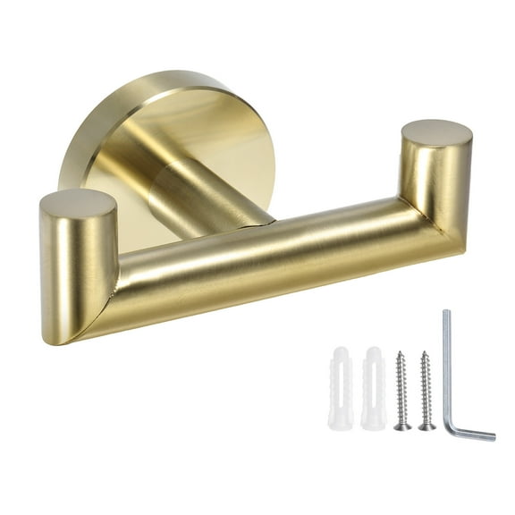 Double Towel Hook, Stainless Steel Coat Hook, Wall Mount Robe Hooks Hand Towel Hanger Brushed Gold