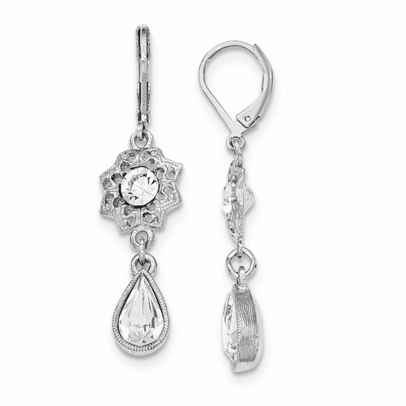 Silver-tone White Crystal Flower Leverback Earrings BF2420