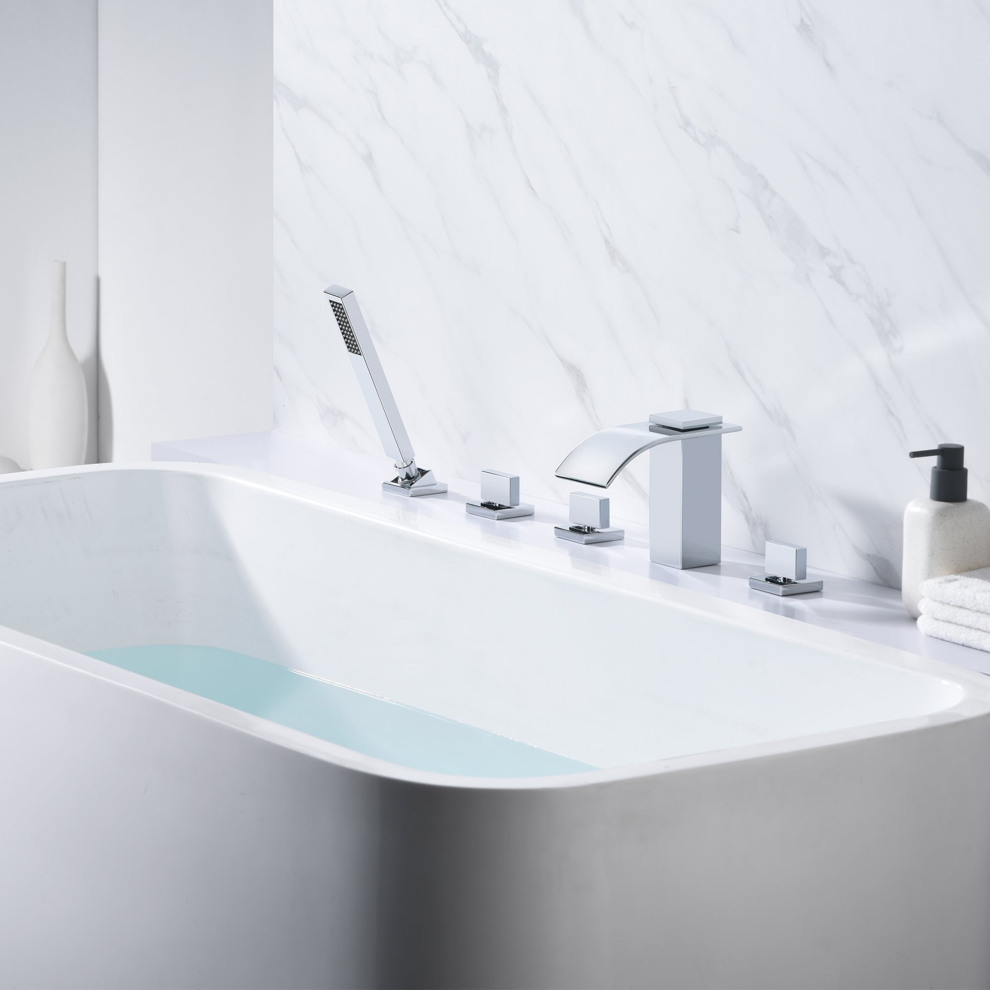 Waterfall Deck Mounted Roman Tub Faucet with Handheld Sprayer, Chrome Finish