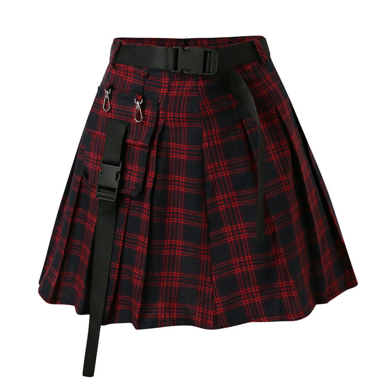 Fsqjgq Skirts for Women Elegant Golf Skirts for Women Plaid Print Lace Skirts  High Waist Gothic Kawaii Lace Up Ruffles Short Skirts Streetwear with Belt  Red Xl 