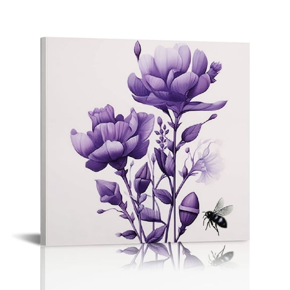 JRXY  Purple Flower Canvas Wall Art Abstract Transparent Floral with Butterfly Bee Dragonfly Painting Picture Prints Artwork Modern Bedroom Bathroom Decor Framed Ready to 16x16in 16x16 in