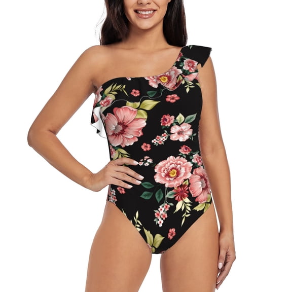Rateoe Rose Flowers Pattern Women One Piece Swimsuits Tummy Control One Shoulder Bathing Suits Ruffle Swimwear-Small