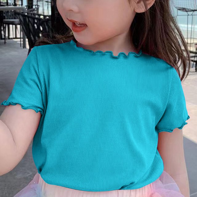 AherBiu T-Shirts Filles Manches Courtes à Volants Hauts en Coton Doux Col Rond Décontracté Couleur Unie 1-9 Ans