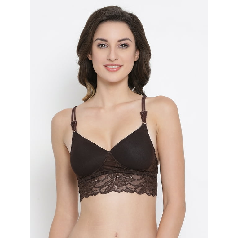 Clovia Lightly Padded Non-Wired Longline Bralette In Brown - Lace 