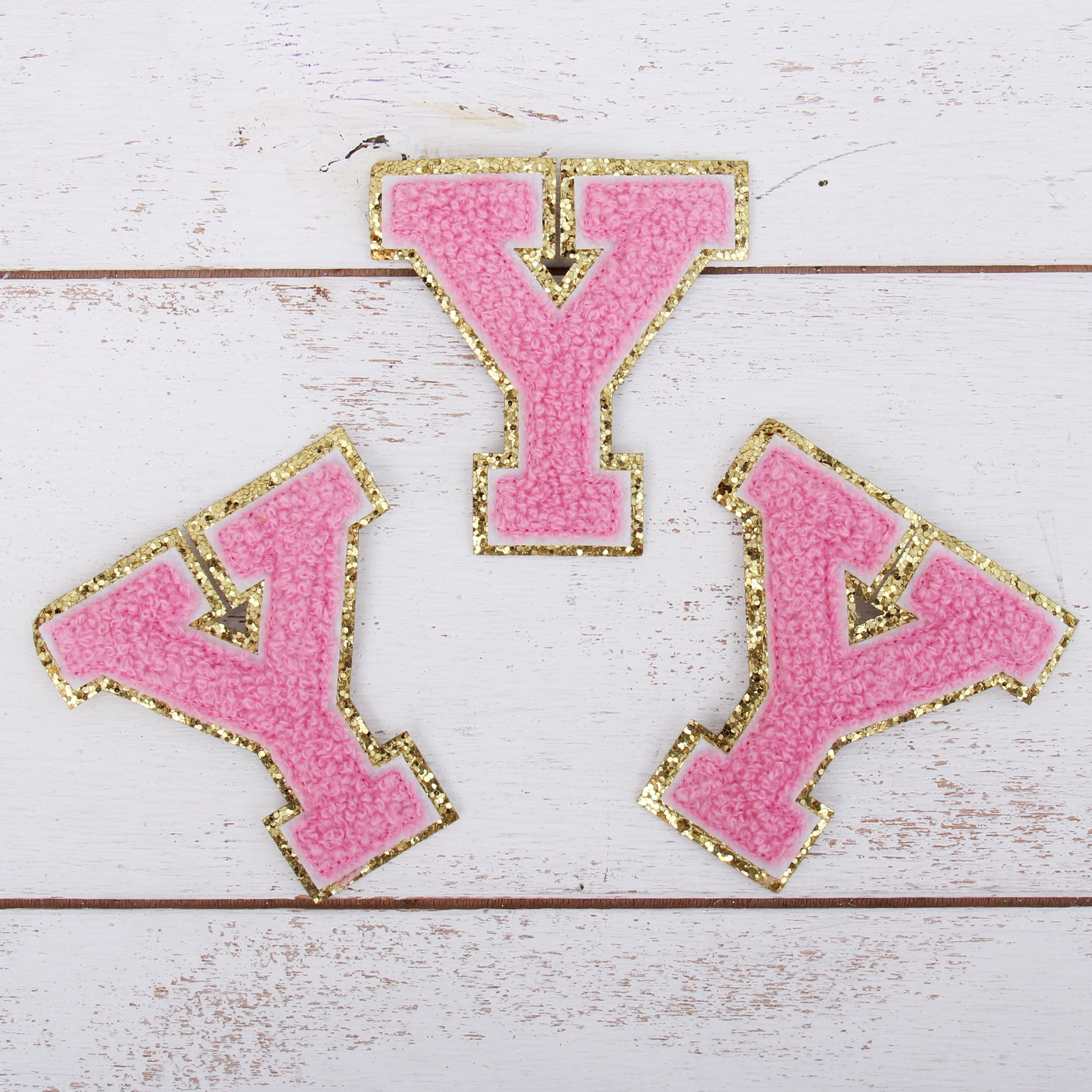 3 Pack Chenille Iron On Glitter Varsity Letter "Y" Patches Pink