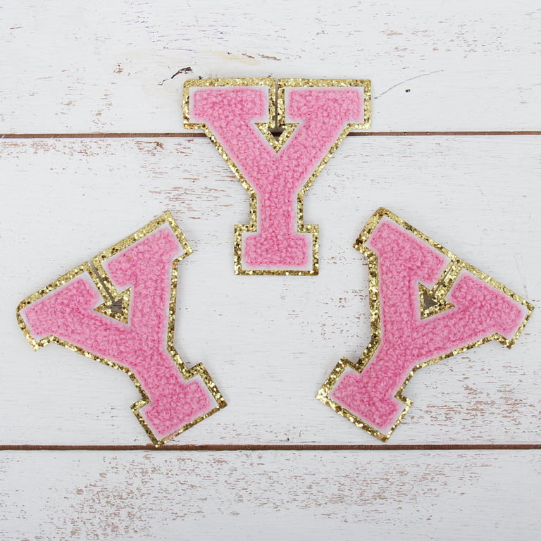 3 Pack Chenille Iron On Glitter Varsity Letter Y Patches - Pink Chenille  Fabric With Gold Glitter Trim - Sew or Iron on - 5.5 cm Tall 