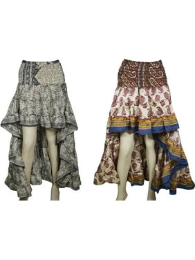 Mogul Womens 2pc Hi Low Skirt Recycled Vintage Sari Gypsy Fashion Long Skirt Ruffle Flirty Flare Summer Skirts S/M