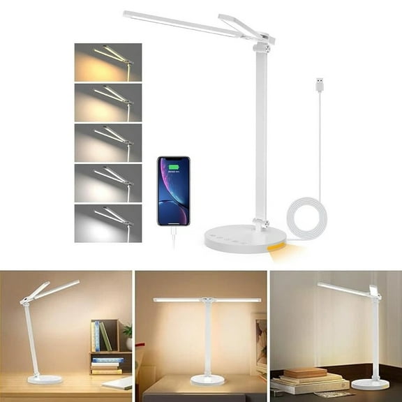 Eurhowing Dual-Head LED Desk Lamp, 10W USB Charging Lamp, 5-Level & Timer Eye-Caring Desk Light for Gaming, Office, Study