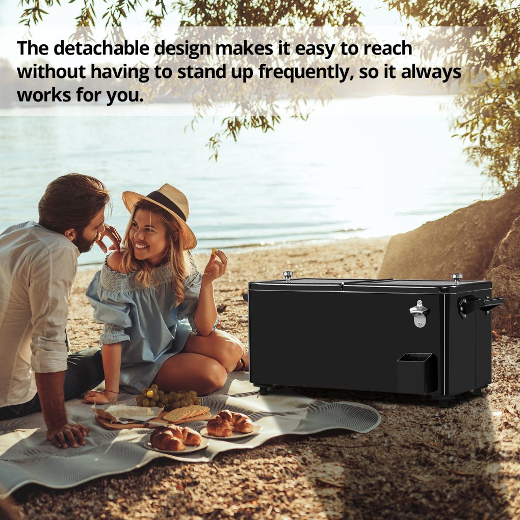 80QT Insulated Cooler Cart, Rectangular Plastic Refrigeration with Opener and Cap Catcher, 2 Side Handles, Cooling 48 Hours, for Outdoor, Black