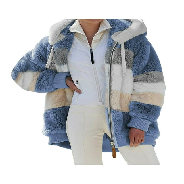 Women Contrast Color Hooded Coat Long Sleeve Zip-up Plush Tops