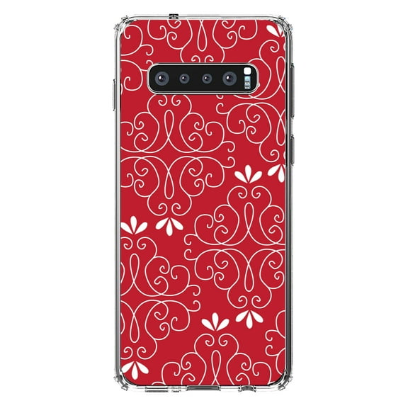 DistinctInk Clear Shockproof Hybrid Case for Samsung Galaxy S10 (6.1" Screen) - TPU Bumper, Acrylic Back, Tempered Glass Screen Protector - Dark Red White Floral