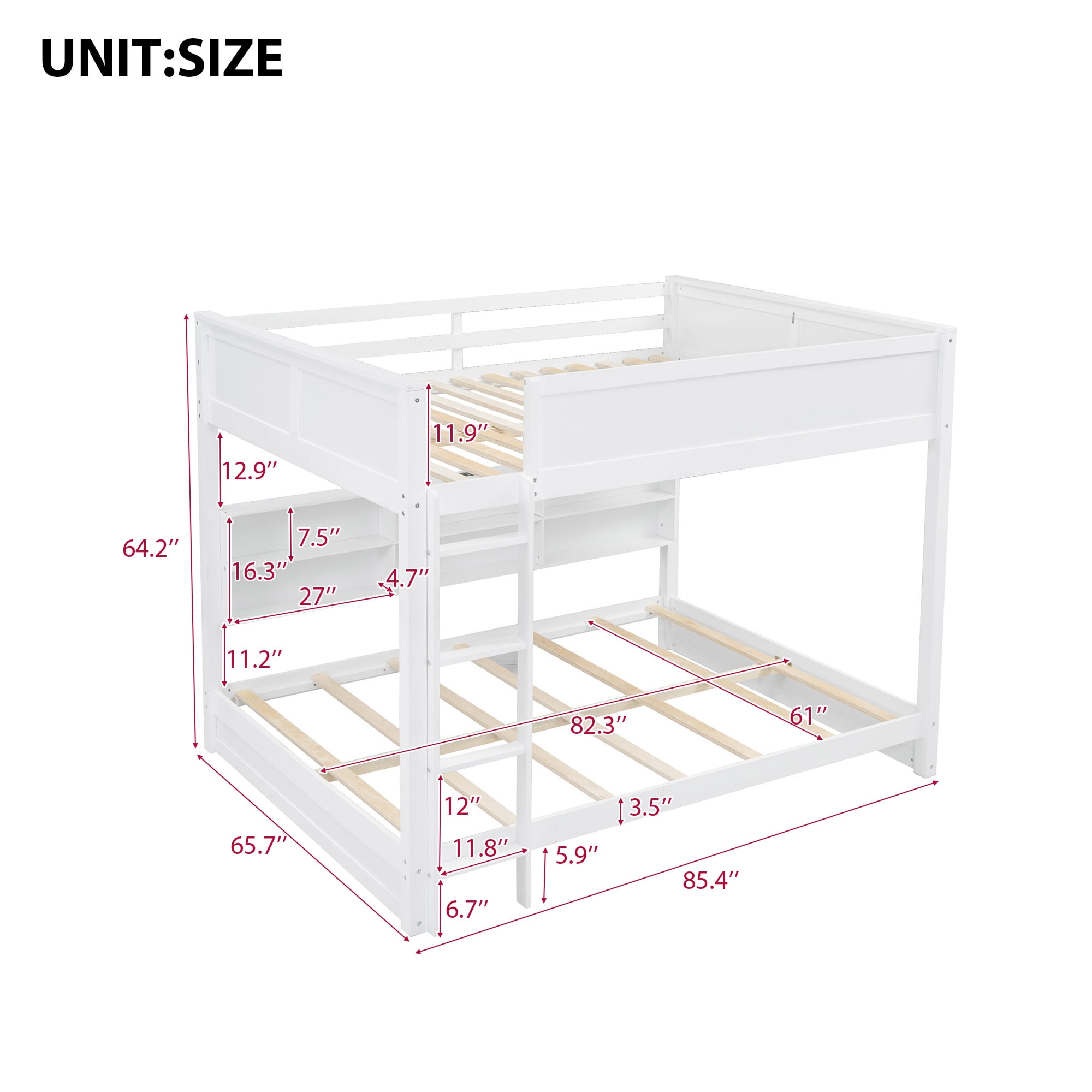 Euroco Wood Queen over Queen Bunk Bed with Bookcase, Shelves and USB Charging Station for Kids Teens, White