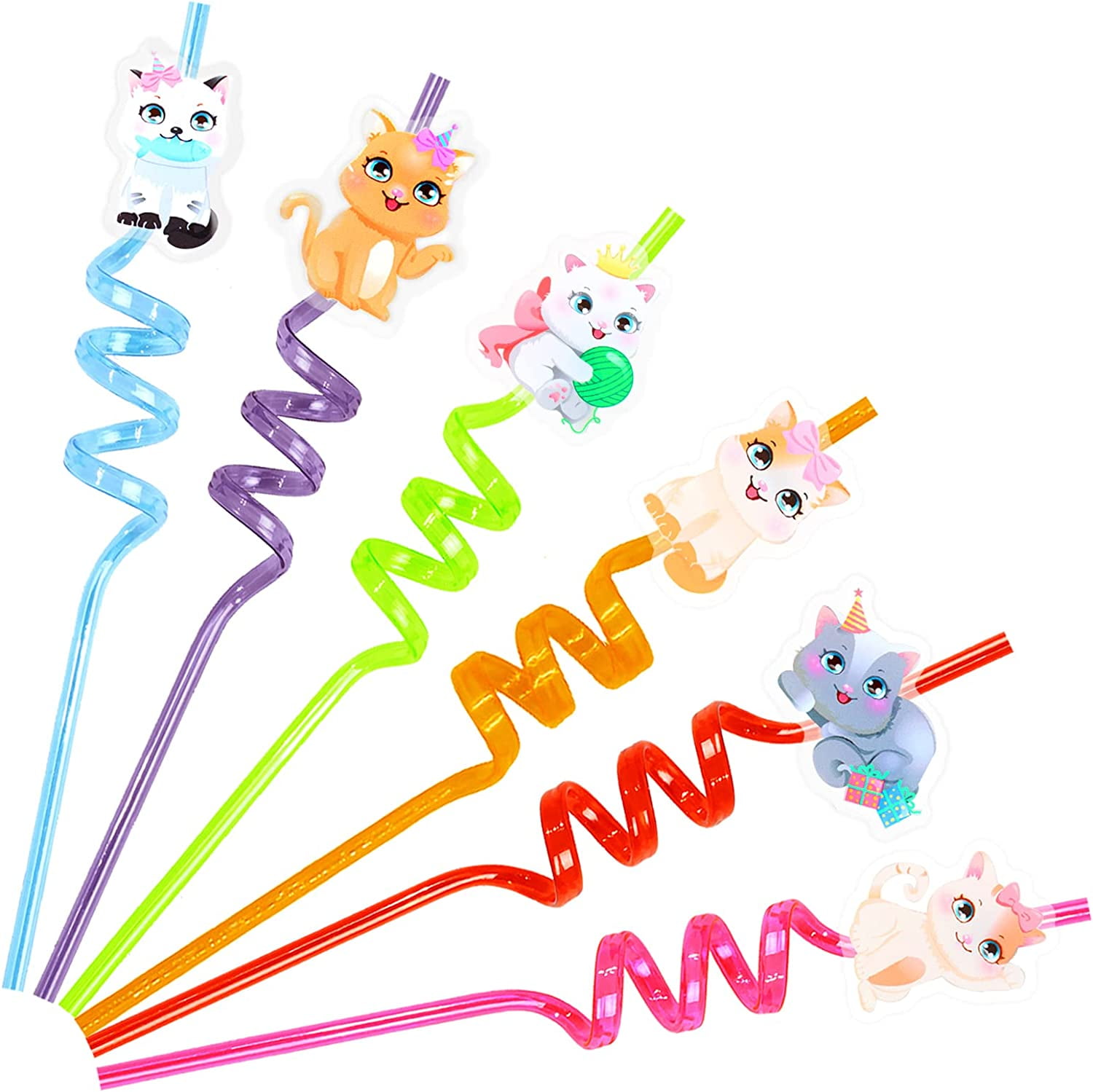 18 Pack Cat Party Favors Reusable Drinking Straws for Cartoon Kitty