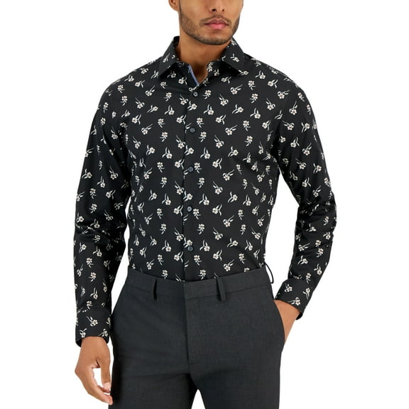 Bar Iii Mens Slim fit Long Sleeve Button-Up Shirt Small Black Floral