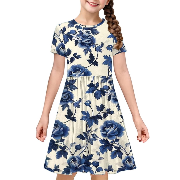 JUSLIO Girls Pleated Dress Cute Casual Short Sleeve Dresses Size 4 Y