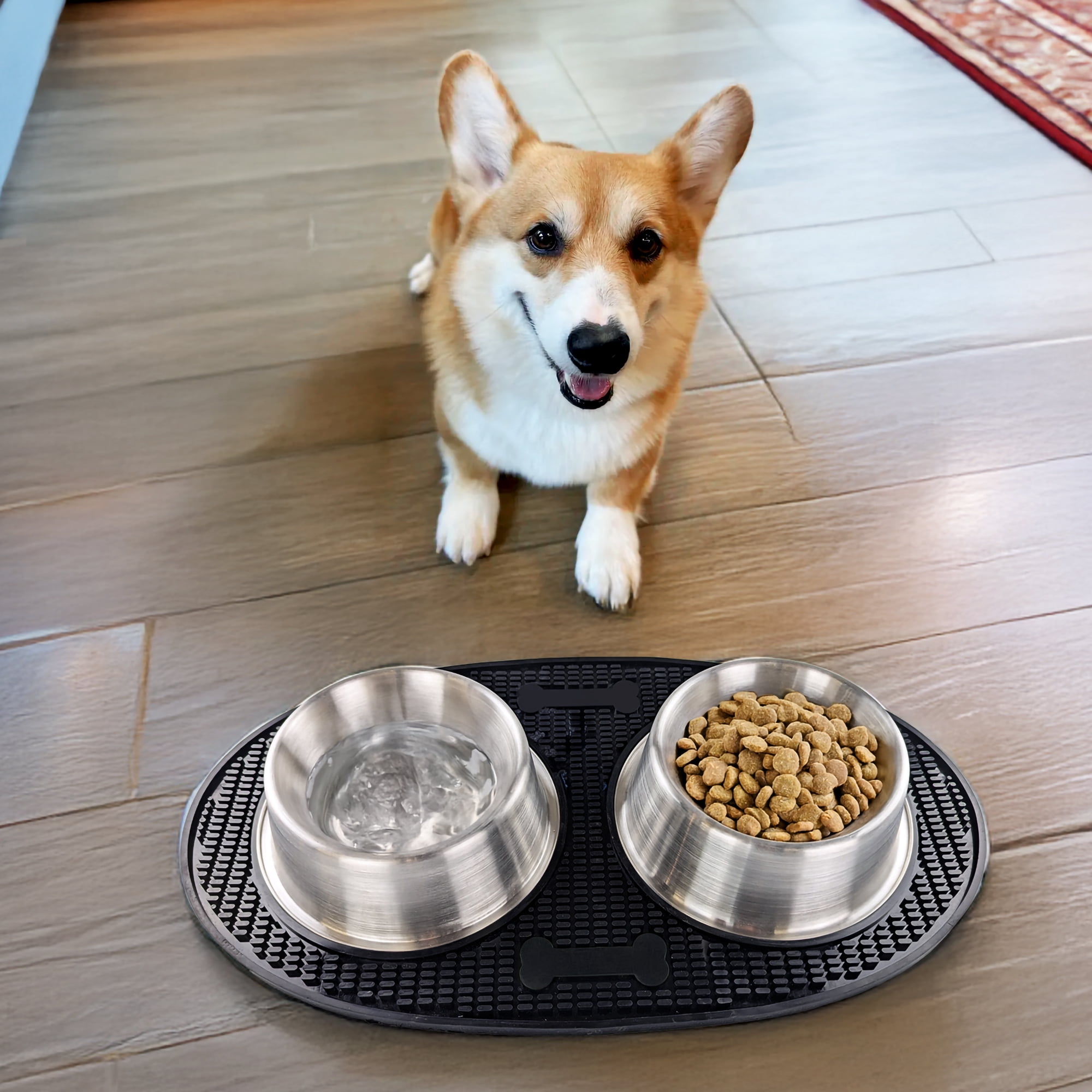 BREKX Metal Dog Bowls Set with Spill Mat for Dogs