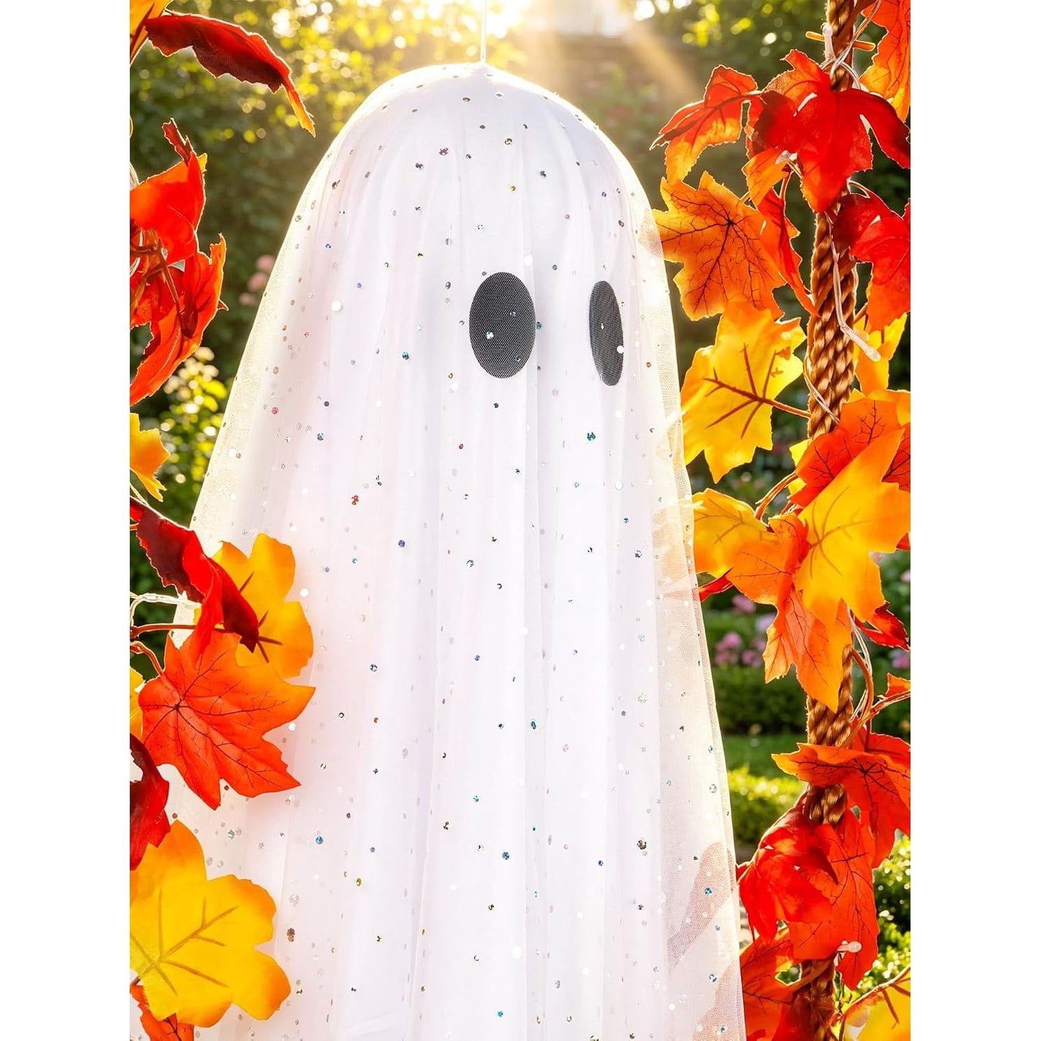 Hanging Ghost Halloween Decoration with Maple Leaf Swing and String Lights, 5.3 ft Ghost, Adjustable 6.6 ft Swing, Indoor Outdoor Yard Porch Tree Decor