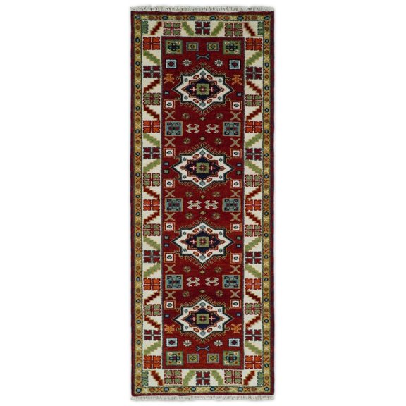 2.9x8 Hand Knotted Antique Kazak Runner Blue and Rust Traditional Tribal Armenian Rug | KZA6