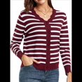 thumbnail image 2 of Suéteres Tipo Cárdigan de Larga para Mujer, Informales, Ligeros, con Botones y Cuello en V, para Otoño Rayas Rojas Oscuras S, 2 of 9