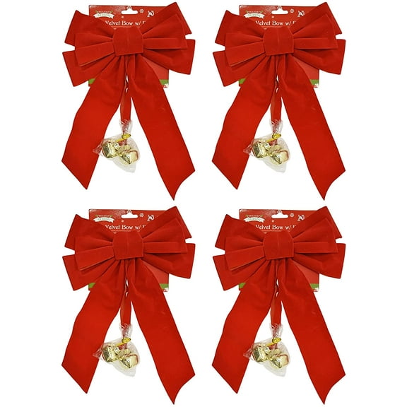 Set of 4 Red Velvet Festive Holiday Christmas Bows With Bells - Perfect as Tree Ornaments - Tree Filler - Decorative Ornaments - Perfect for Preparing for the Holidays!