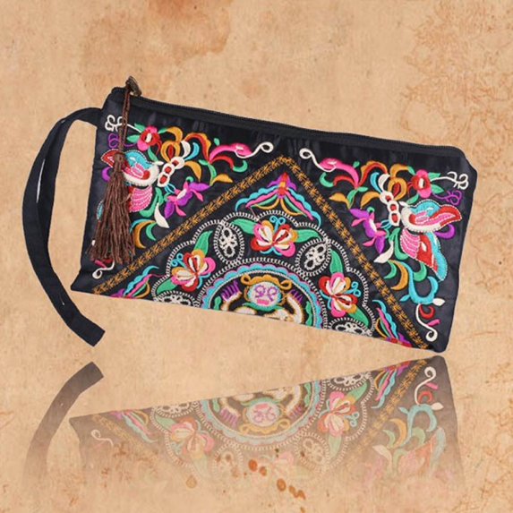 Women Retro Boho Ethnic Embroidered Wristlet Clutch Bag Handmade Purse Wallet