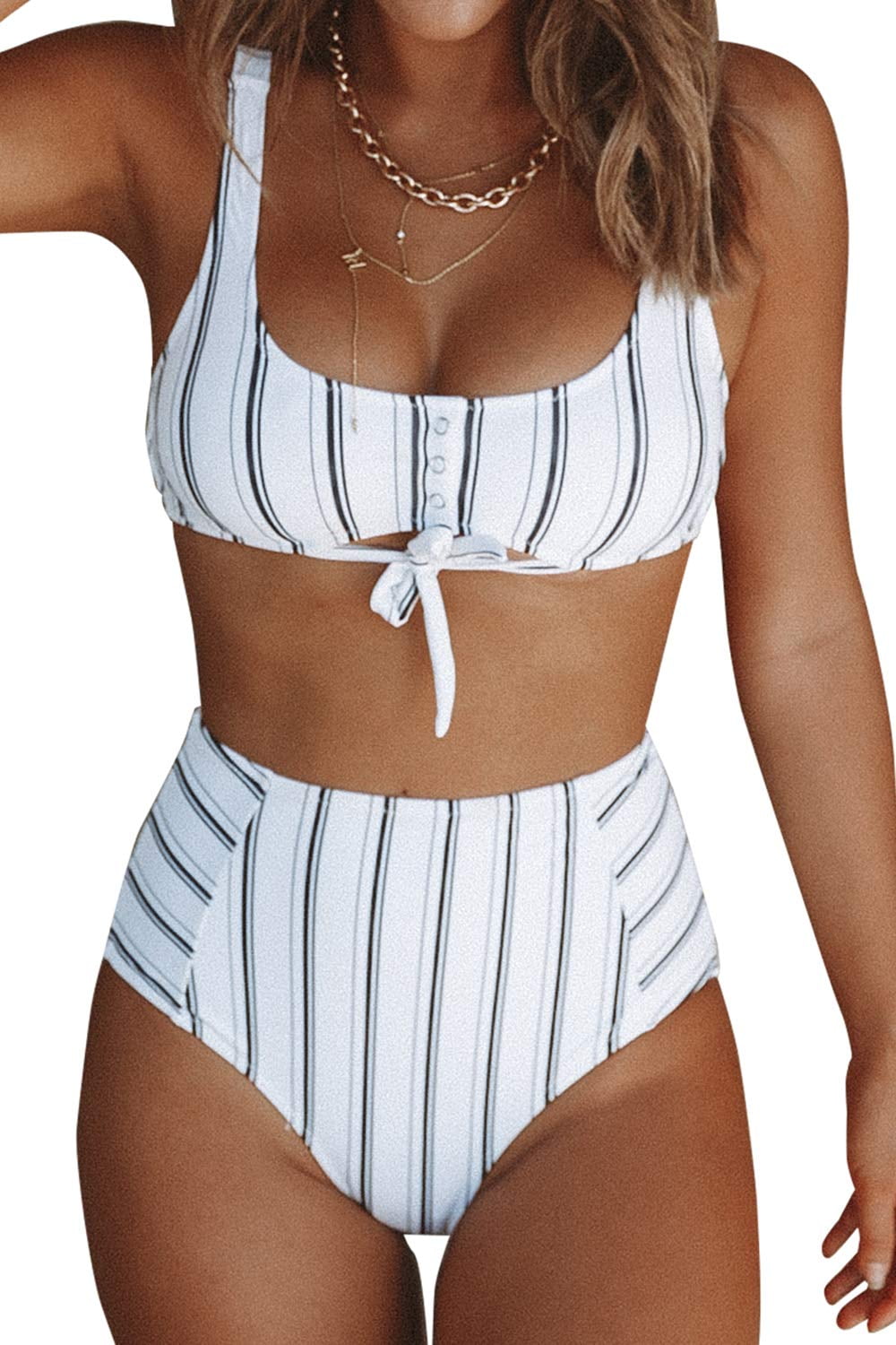 JFAN Women Two Pieces Stitching Striped Bikini Set Swimsuit Low Waist Swimwear
