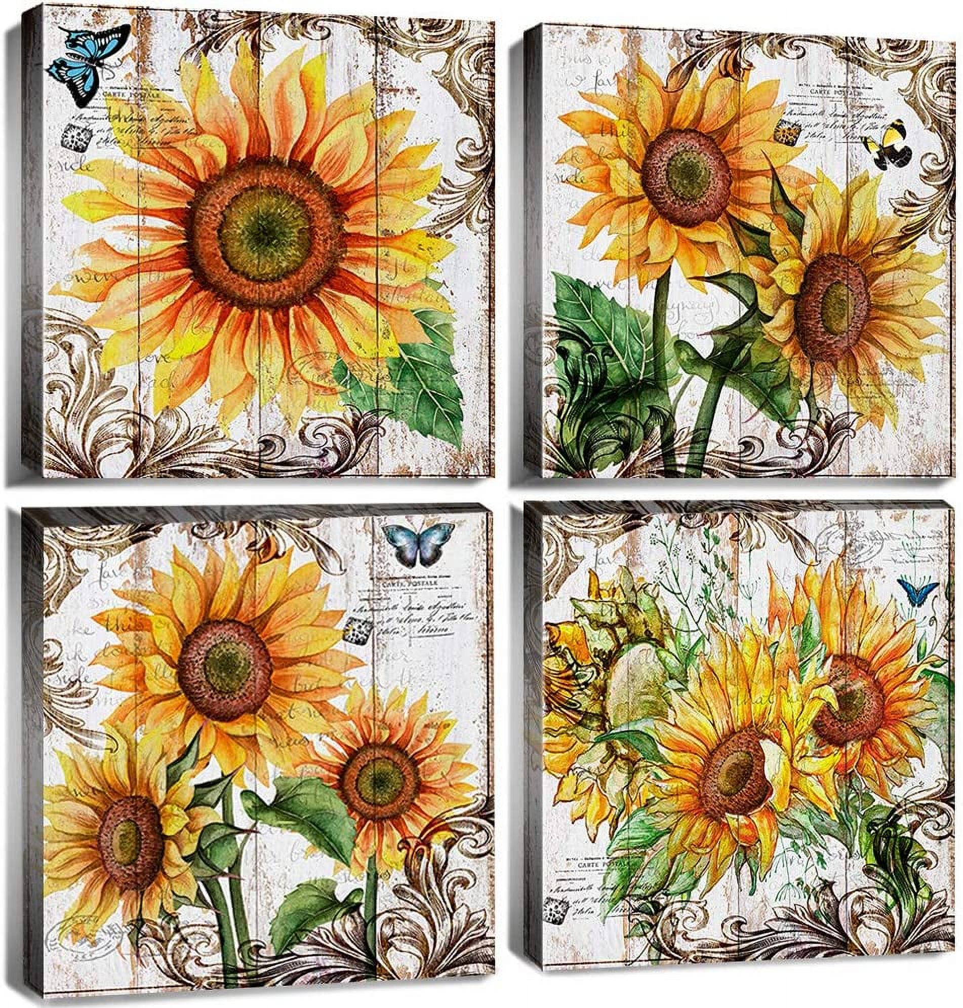 Sunflower Canvas Wall Art Bathroom Decor Rustic Sunflower Pictures for Kitchen Vintage Yellow Sun Flowers Painting Bedroom Office Apartment Home Decorations Modern Country Floral Artworks 16x16" 4 Pcs