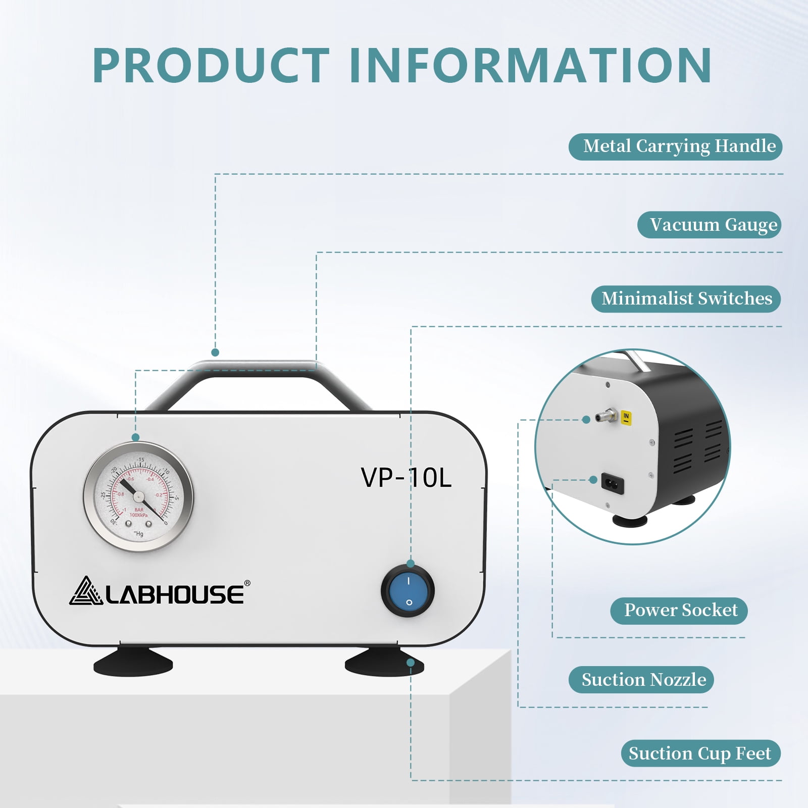 LABHOUSE Lab Diaphragm Vacuum Pump VP-10L, Portable Mini Oilless Pump Oil Free for Laboratory Vacuum Filtration, 10L/min Flow Rate with Rubber Tube, 110V