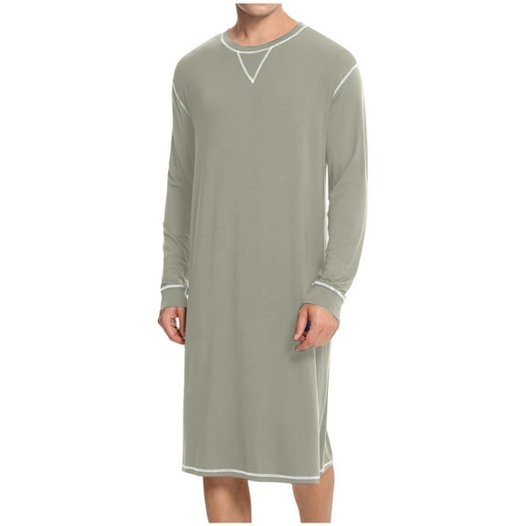 FAVIPT Men's Below The Knee Nightshirt Big and Tall Long Sleeve Nightgown Crew Neck Comfy Sleepwear Gray,M
