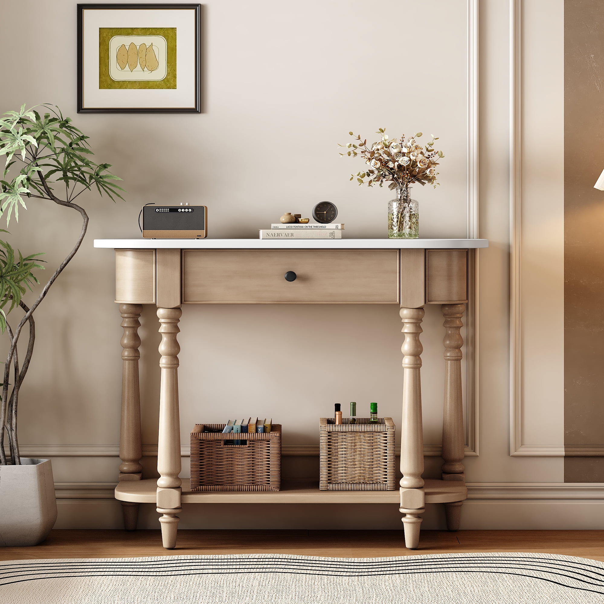 Harper & Bright Designs Vintage Narrow Console Table with Storage , Wood Entryway Table with Top Drawer and Open Shelf , Retro Sofa Table with Curved Corner for Entryway and Hallway , Beige+White