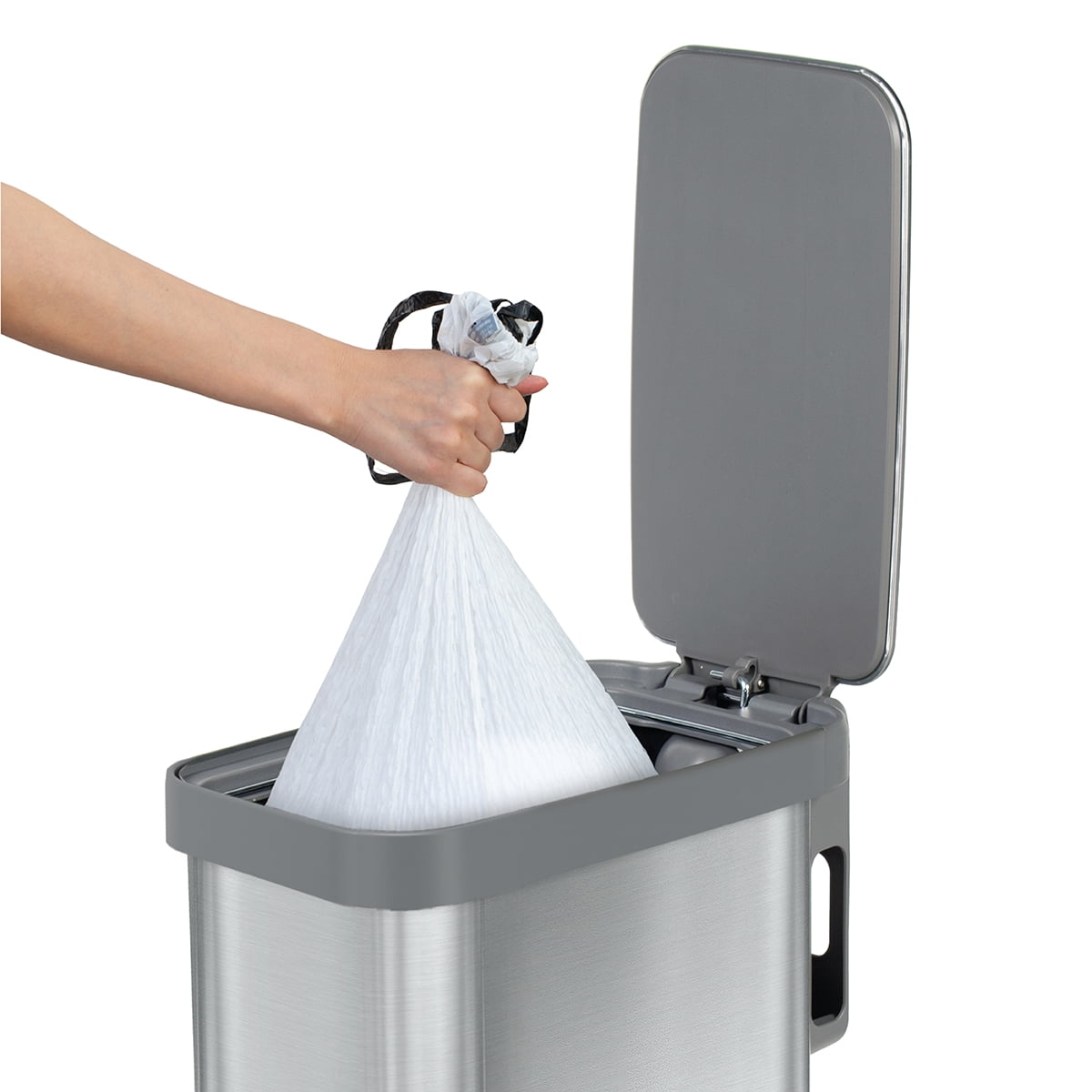 Glad Kitchen Trash Can, 12 Gallon Stainless Steel Slim Step Garbage Bin with Grey Lid, Silver
