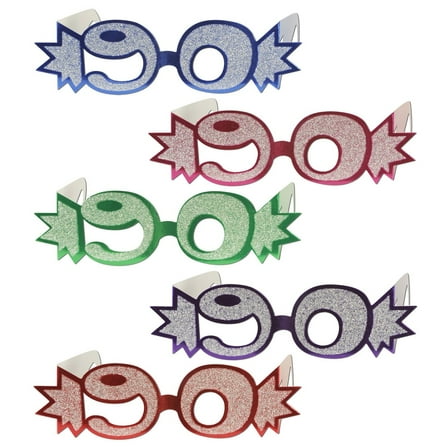 Club Pack of 25 Multi-Colored Glittered Foil "90" Eyeglasses
