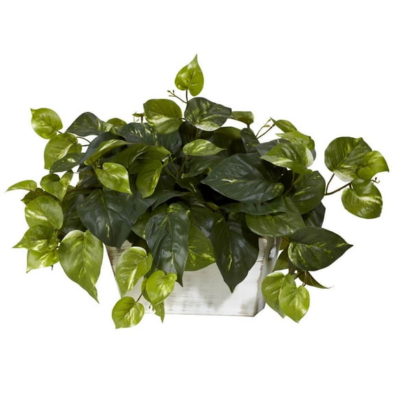 Nearly Natural Pothos with White Wash Planter - Silk Plant Green