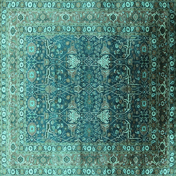 Ahgly Company Machine Washable Indoor Square Oriental Turquoise Blue Industrial Area Rugs, 8' Square