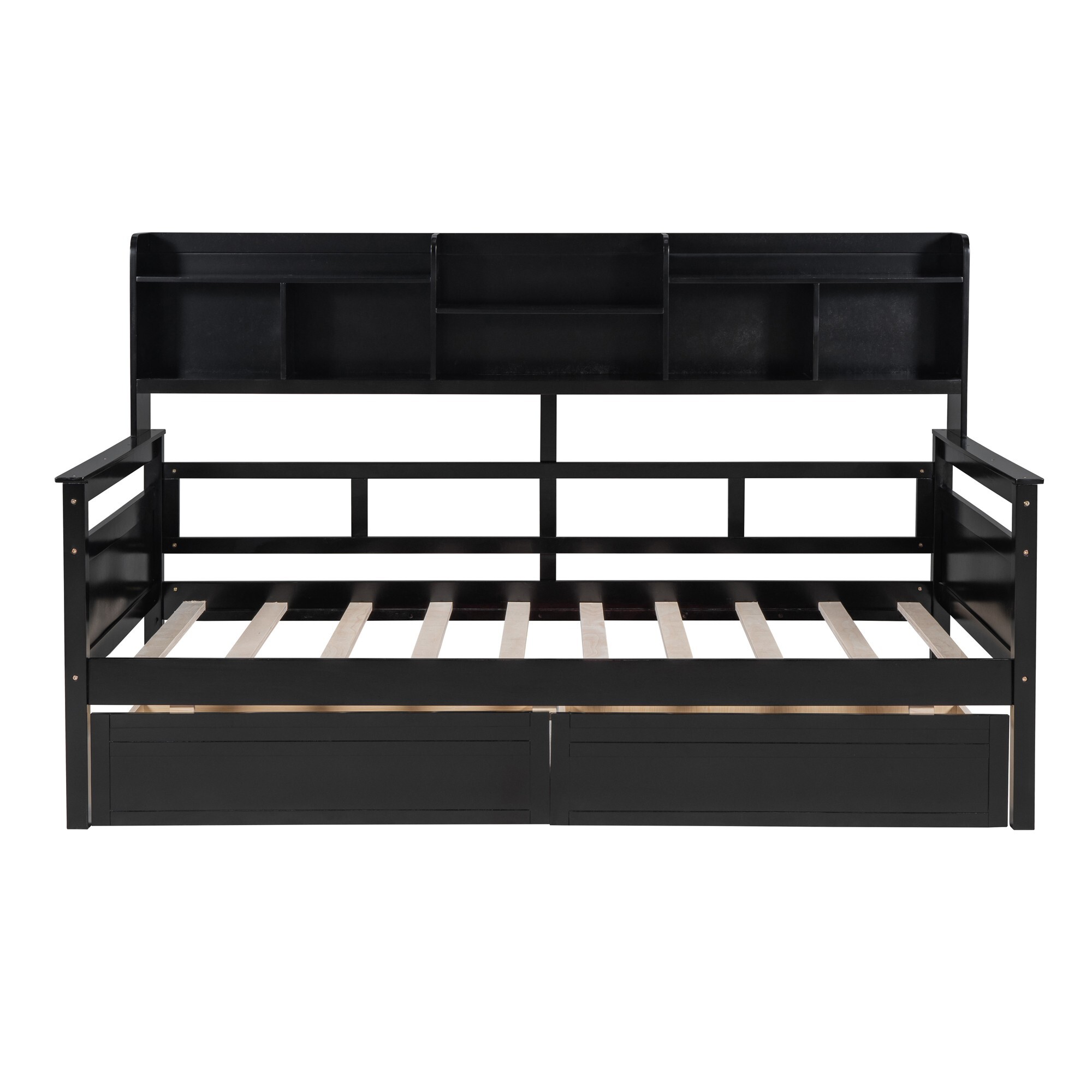AENKYO Twin Size Wooden Daybed Bed Frame with 2 Storage Drawers and Headboard Shelf, Solid Wood Sofa Bed, Black