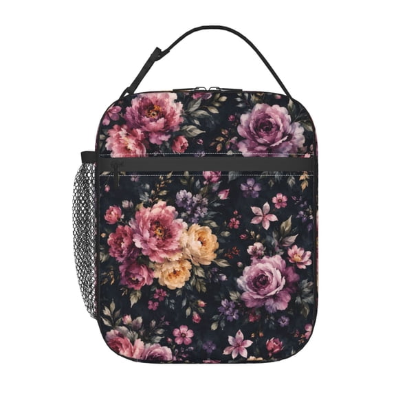 Dark Floral Peony Lunch Bag Reusable Thermal Lunch Box with Handle for Women and Men