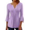 thumbnail image 3 of Womens Pleated Tunic Blouse V Neck 3/4 Sleeve Flowy Flare Fit Dressy Casual Button Down Top, 3 of 6