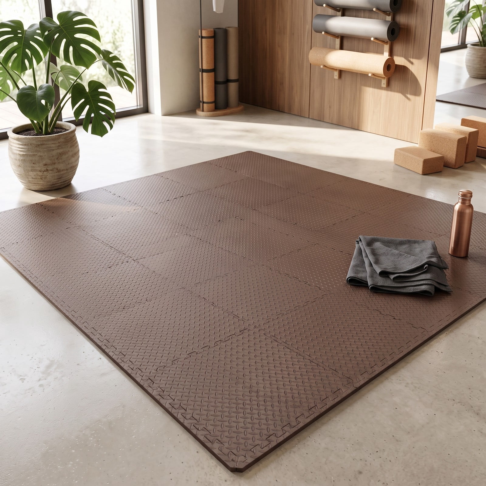 Airfind 12 Tiles Puzzle Exercise Floor Mat with Interlocking EVA Foam and Non-Slip Texture for Home Gym Equipment Protection, Brown